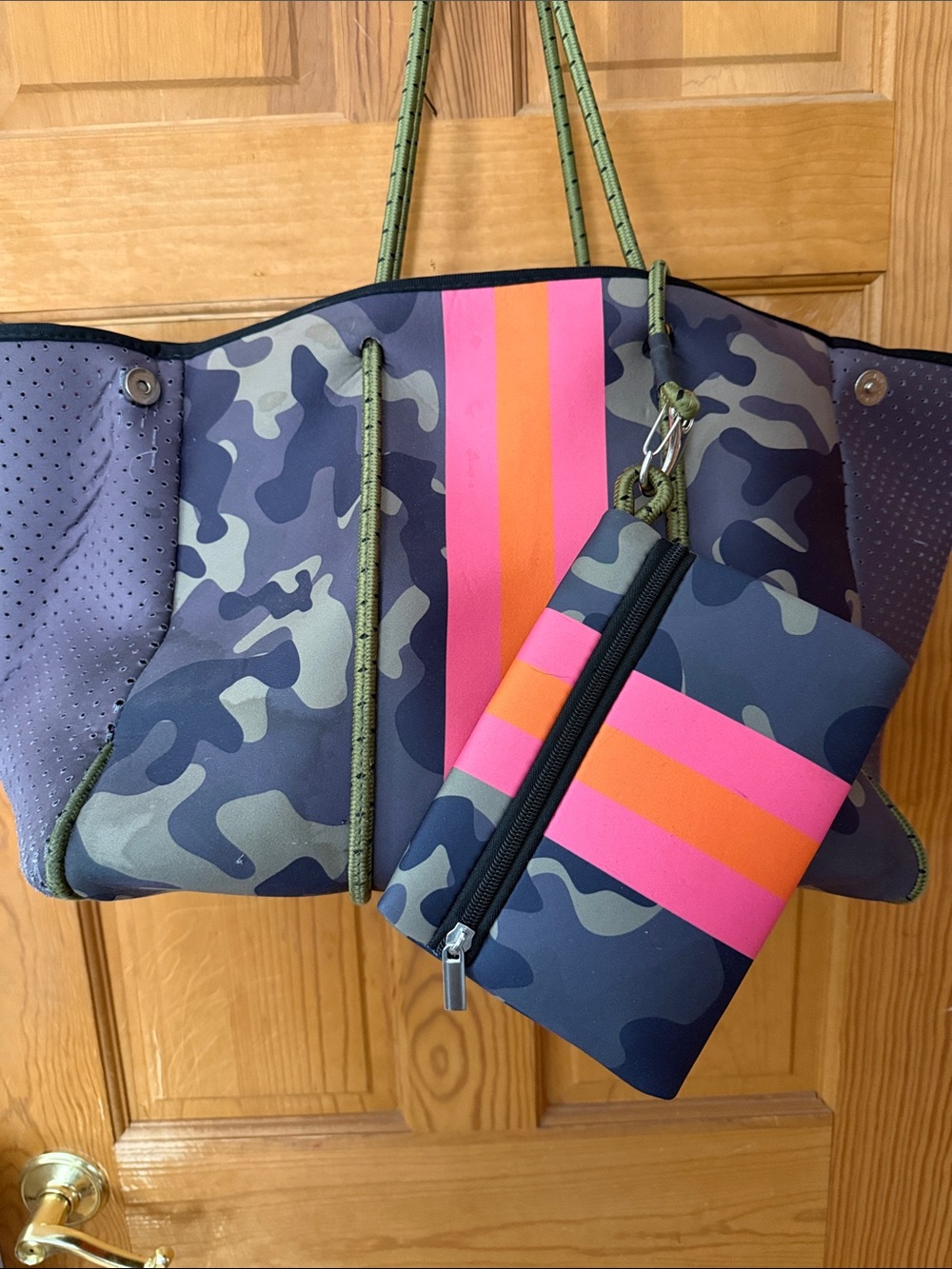 Neoprene Camo Tote with Pink & Orange Stripe - Women’s Bag